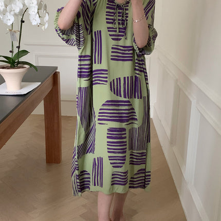 2026 New Cotton Silk Nightgown for Women, High-End Printed Short-Sleeved Long Dress, Large Size, Thin Style, Can Be Worn Outside as Loungewear