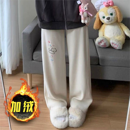 Apricot Japanese Dopamine Cute Girl Cat Print Casual Pants for Female Students Loose Drape Commuting Trousers
