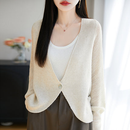 Loose, Lazy, Breathable, Cut Out Linen Cardigan, Spring and Summer New Classic Pure Color Women's V Neck One-Button Blouse