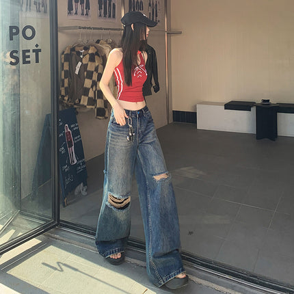 Spring and Summer New Retro High Waist Ripped Jeans Women's Loose Slimming Straight All-match Dipped Wide Leg Pants for Women