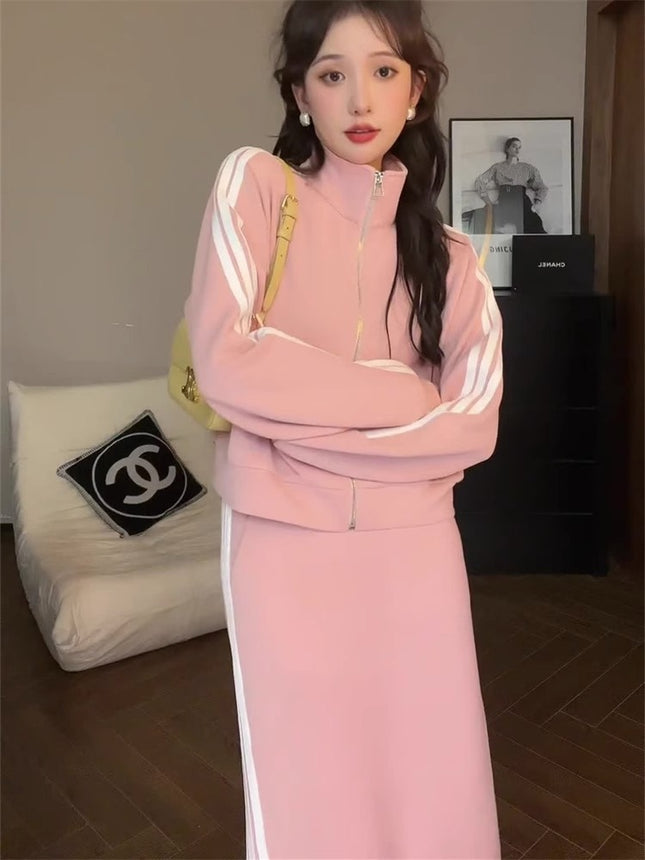 Real Shot 2025 Spring and Autumn Baseball Suit Coat Women's Ribbon Contrast Color Zipper Coat Women's Medium-length Dress Slim-fit Fashion Women