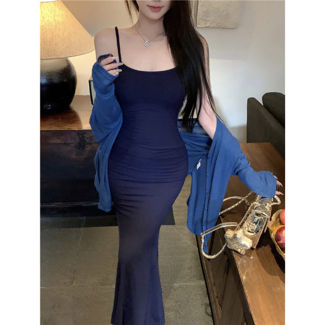 Pure Lust Hot Girl Sexy Pure Color Suspender Dress Tight Waist Knitted Hip Skirt Elegant Niche Mid-Length Skirt