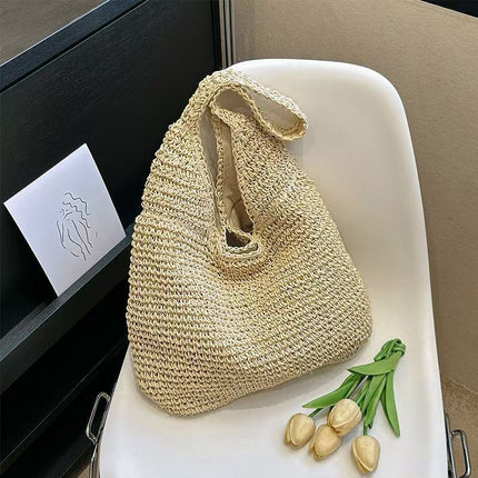 New Single-Shoulder Solid Color Straw Bag, Hand-Woven Bag, Large-Capacity Tote Bag, Vacation Beach Bag, Casual Women's Bag