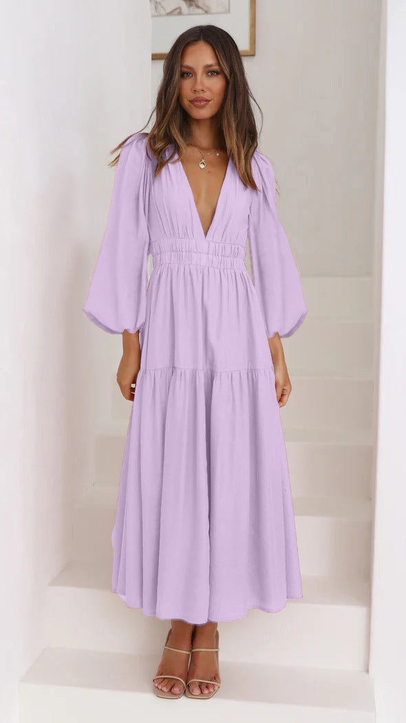 European and American Export 25-Year-Old Autumn and Winter V-Neck Waist Slimming Look Pleated Long-Sleeved Small Fresh Dress for Women 23051