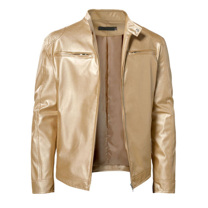 Spring and Autumn Business Gentleman Warm Zipper Cardigan Pocket Decorative Pu Leather Jacket Stand Collar Slim Fit Zipper Leather Jacket