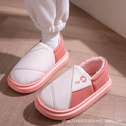 New Leather Waterproof Cotton Slippers for Women in Winter Indoor Thick-Soled Warm Home Fleece-Lined Bag and Couple Wool Slippers for Men