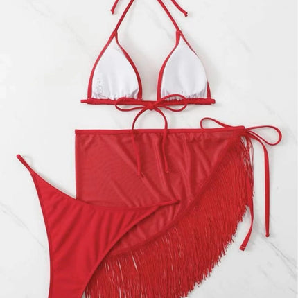 2023 New Tassel Skirt Solid Color Sexy Bikini Three-Piece Set Cross-Border