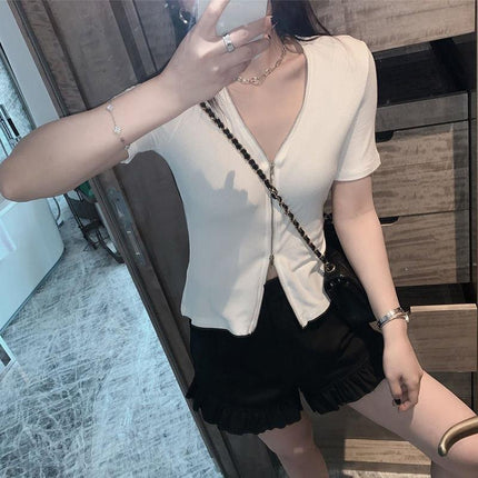 Internet Hot Super Hot T-shirt Women's Summer High Waist Navel-exposed Short Knitted Zipper Cardigan Top Clothes Ice Silk V-neck Half-sleeve T-shirt