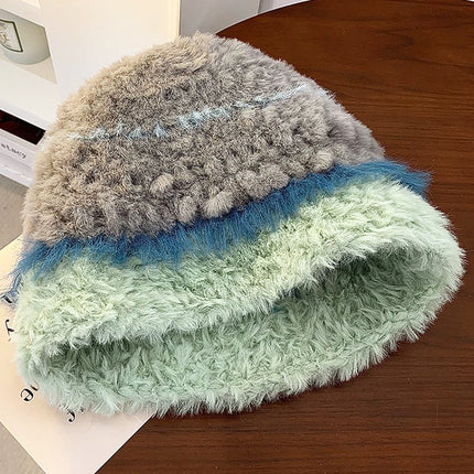 Winter color matching Korean style women's striped face-looking plush warm knitted wool hat big head circumference ear protection pile hat