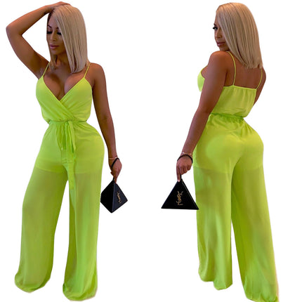 Z031 European and American Sexy Women's Clothing Amazon Independent Site Loose Casual Solid Color V-Neck Women's Jumpsuit