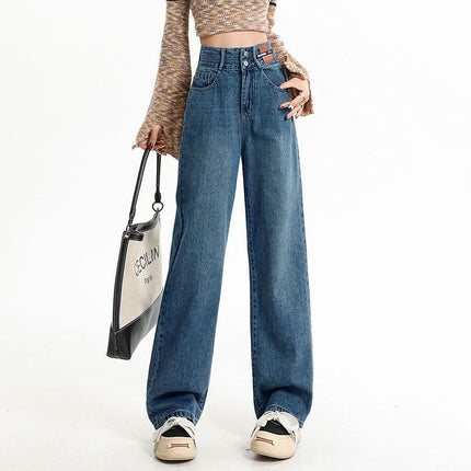 Women's Versatile Retro Blue Floor-Length High-Waisted Straight-Leg Jeans 2025 Stylish Drapey Wide-Leg Pants Slimming Trendy