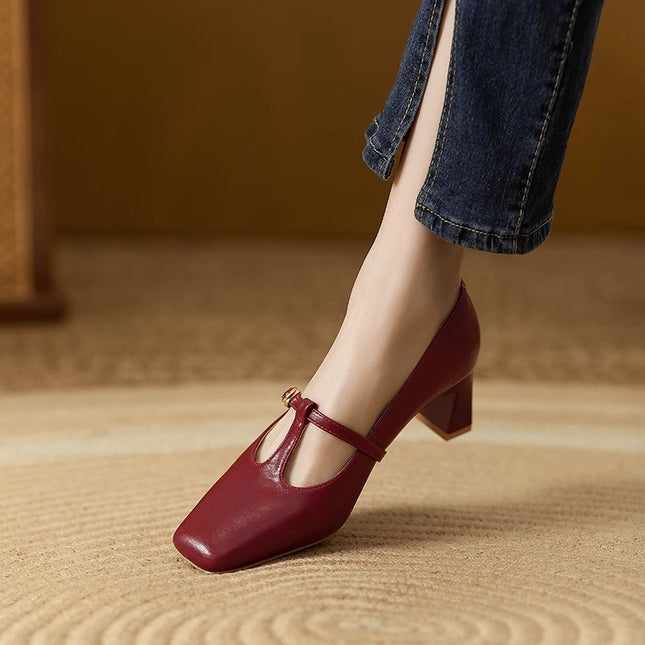 Spring and Summer New Retro Mid-high Heel Bride Wedding Shoes wine red Soft Leather Square Toe Shallow Thick Heel Mary Jane Single-layer Shoes for Women