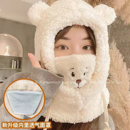 Autumn and Winter Hats for Women, Cute Plush Scarf, Thickened Integrated Neck Warmer, Plush Hat for Cycling, Warm Ear Protection Hat