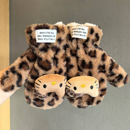 Leopard Print Cat Gloves Women's Winter Plush Gloves Student Cold-Proof Cycling Warm Fleece-Lined Thickeneding 2024 New Style