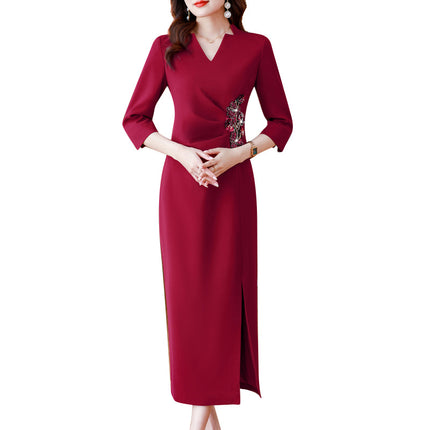 Xi mother-in-law wedding dress wine red dress 2023 autumn new fashion retro high-end slim dress