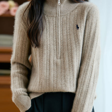 Autumn and Winter New Women's 100% Pure Wool Sweater Thickened Half-Zip Collar Cable Embroidered Horse Knit Sweater Base Layer