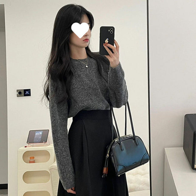 Deep winter wear with a set of salt light ripe gray sweater suit lazy style half-length skirt two-piece set