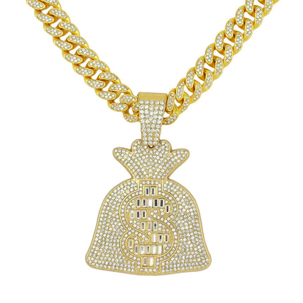 Cool Large Full Diamond Dollar Symbol Money Bag Pendant Necklace Pendant Diamond-encrusted Hip-hop Men's Cool Punk Necklace Pendant