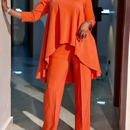 C8625 Amazon Export Women's Fashionable Loose Asymmetrical Tops and Pants Suit Elegant African Two-Piece Set