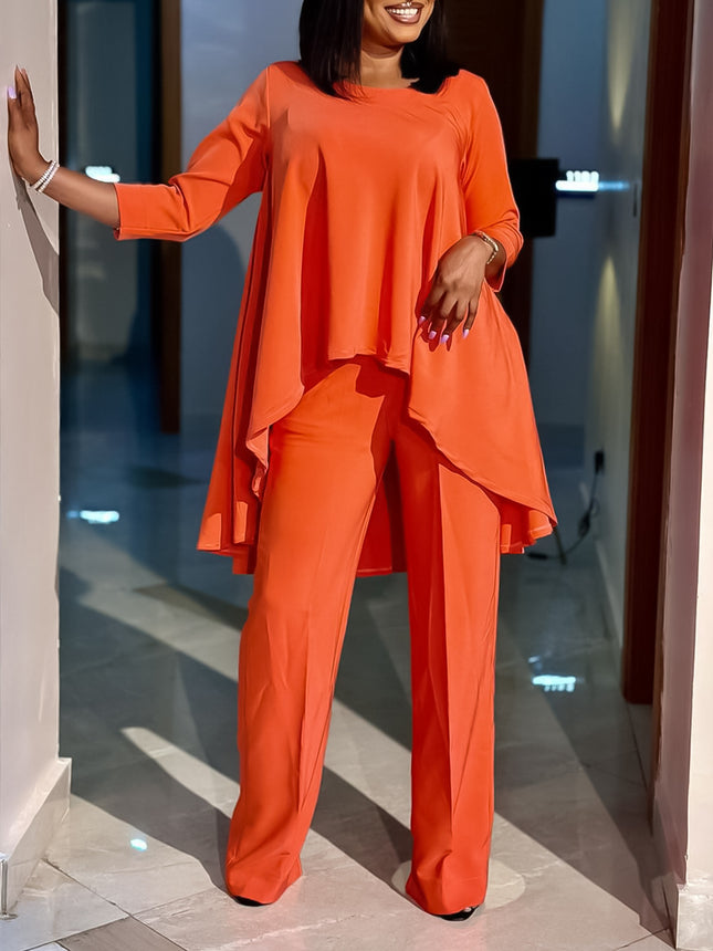 C8625 Amazon Export Women's Fashionable Loose Asymmetrical Tops and Pants Suit Elegant African Two-Piece Set