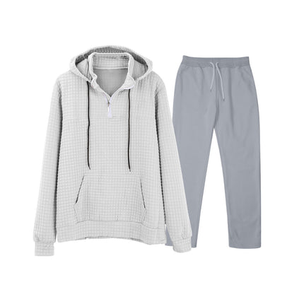 European and American Cross-Border Long-Sleeved Waffle Top Aliexpress Solid Color Drawstring Pocket Hoodie Sweatshirt and Sweatpants Set