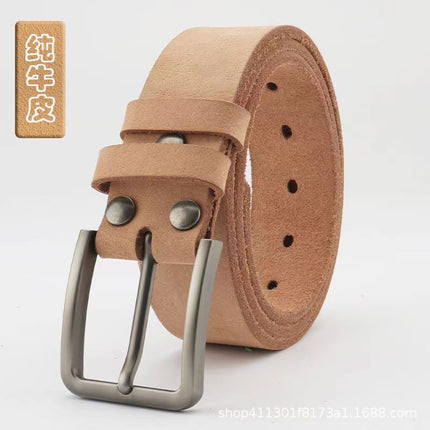 Men's Leather Belt with Pin Buckle, Natural Color, 100% Genuine Leather, First-Grade Cowhide, Without Buckle Head