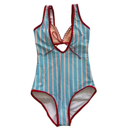 [Laughing Shu Swimwear] Thai Niche Bow Stripesd One-Piece Swimsuit for Women, High-End Blue Stripesd Bikini