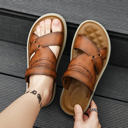 Men's Sandals for Summer Outer Wear, Casual and Wear-Resistant Genuine Leather Boys' Beach Slippers, Sports and Driving Sandals