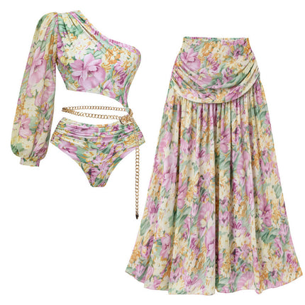 Long-sleeved Single-shoulder Hollow-out Floral Vacation One-piece Swimsuit suit Women's 2024 Beach Vacation Swimsuit New Arrival
