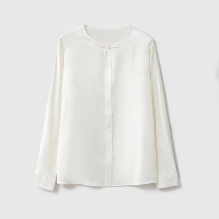 Guofeng Button Silk Jacquard Satin Long-sleeved Top Women's Mulberry Silk Round Neck Loose New Chinese Style Shirt