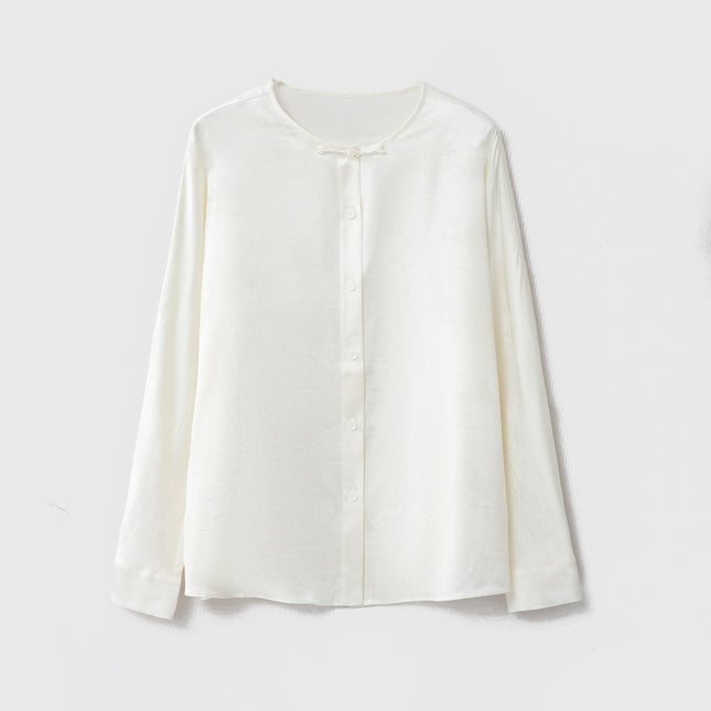 Guofeng Button Silk Jacquard Satin Long-sleeved Top Women's Mulberry Silk Round Neck Loose New Chinese Style Shirt