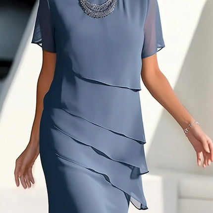 European and American Cross-Border Amazon Wish Export Women's Pure Color Short-Sleeved Glitter Ruffled Round Collar Casual Dress