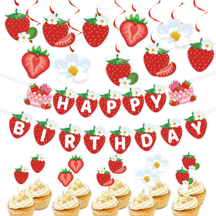 European and American Strawberry Birthday Theme Party Supplies Flags, Flowers, Honeycomb Table Decorations, Desktop Table Decorations