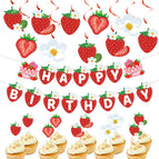 Strawberry birthday letter banner + spiral hanging swirl decorations + cupcake toppers set