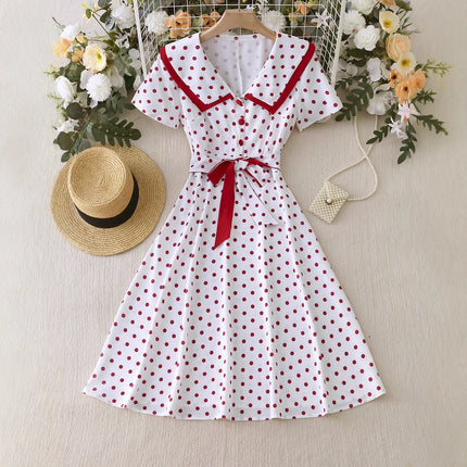 2025 Cross-Border Foreign Trade New Style Lapel Retro Polka Dot Repair Slim Retro Large Hem Dress with Belt Ready for Sale