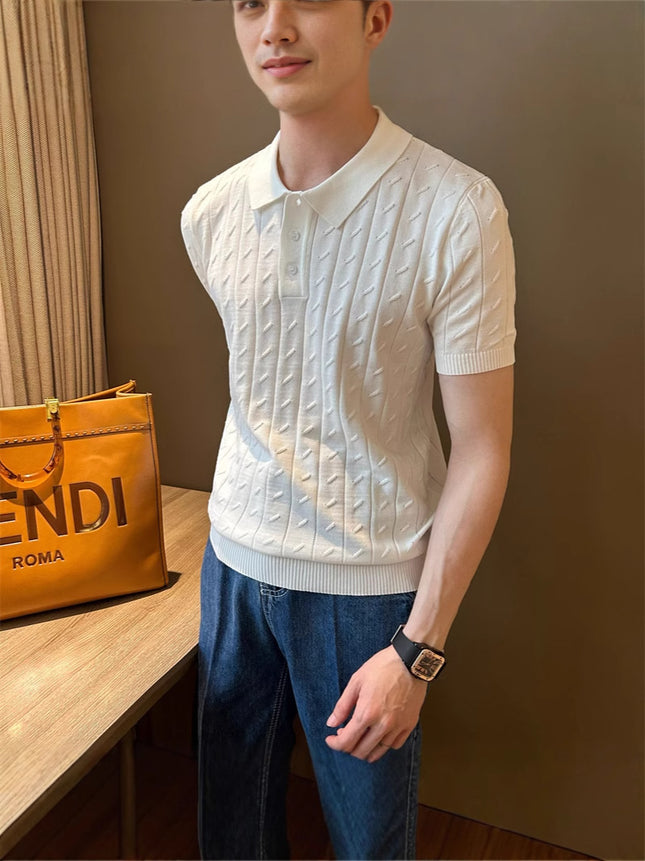 2025 Summer Polo Collar Cable Texture Simple and Versatile Elegant Short-Sleeved Knitwear Korean Style Casual Top