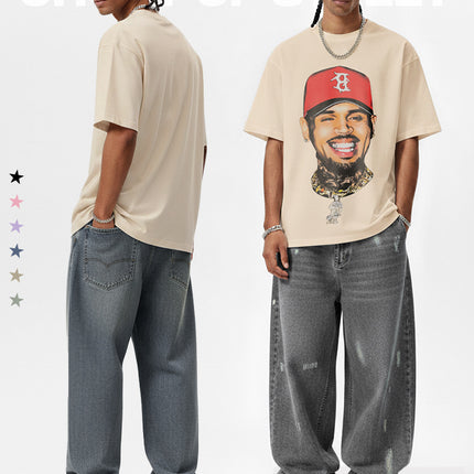 Cross-Border American Retro Chris Brown Chris Brown Printed Short-Sleeve T-Shirt Heavy Trendy Brand Versatile High Street