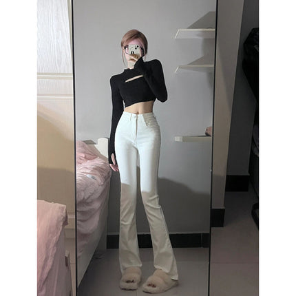 High-Waisted Slimming Flared Jeans for Women, Fall 2025, Stretchy, Hip-Covering, Fleece-Lined, Black, Bootcut, Floor-Length Pants