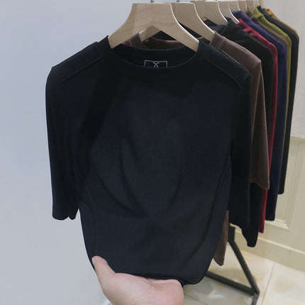 Fishbone Short-Sleeved T-Shirt for Women 2025 Spring New Design Sense of Design Slimming Look Elastic Mid-Sleeve Top T-Shirt