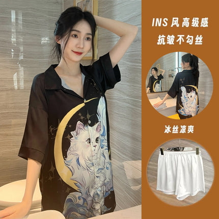 Summer New Style Fashionable Pure Lust Sexy Ice Silk Shirt Pajamas Loose High-End Home Wear Suit for Women