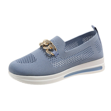 2024 spring and summer new foreign trade plus size women's shoes flying woven mesh surface hollow breathable shoes metal chain wedge casual shoes