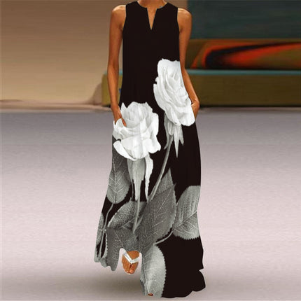 2022 New European and American Cross-border Independent Station Women's Sleeveless Long Dress V-neck Rose Flower Vintage Printed dress