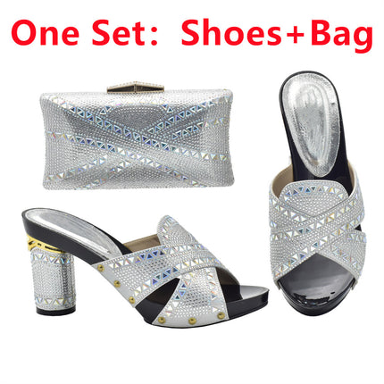 Cross-border Evening with Hot Diamond Shoe Bag Hollow High Heel Round Toe Sandals with Hand Bag Fashion Dinner suit