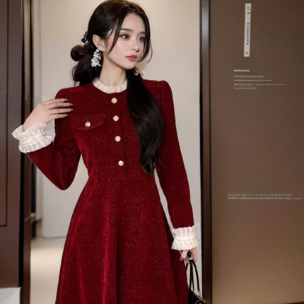 Chinese New Year's War Gown New Year Red Fragrance Style dress Women's Autumn and Winter Small Annual Meeting Dress Light Luxury