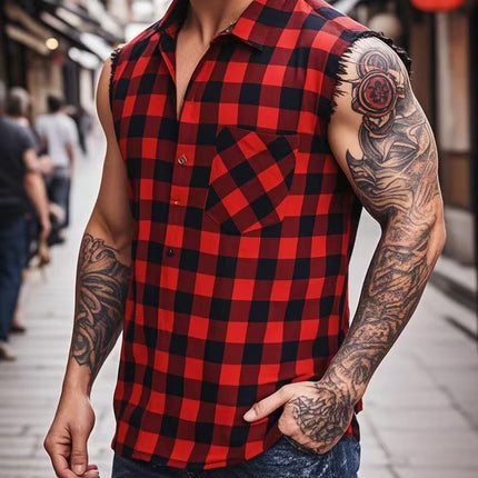 Cross-border Foreign Trade Men's plus size Sleeveless Plaid Shirt Loose Breathable Rag Casual All-match Men's Vest
