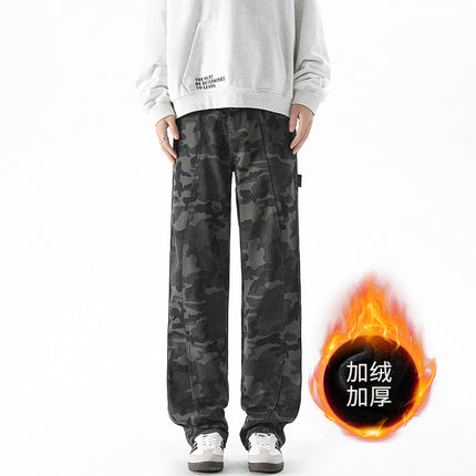fleece-lined Thick Camouflage Tooling Jeans Men's American Style High Street fleece-lined Trendy Brand Retro Corppion Handsome Street Cutting Pants