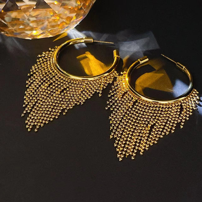 18K Gold Exaggerated Tassel French Personality Earrings Cold Style High-grade Black White Earrings Elegant Earrings for Women