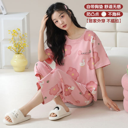 Pajamas Women's Summer Short-sleeved Knitted Cotton Wear-free Bra with Chest Pad Can be Wearing Outer-wear Anti-sudden Sleeping Beauty-making Home Wear Casual Wear