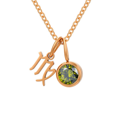 Cross-Border European and American Twelve Zodiac Signs Three-Dimensional Fashion Necklace, Light Luxury Colorful Rhinestone Birthstone Necklace, Stainless Steel Jewelry