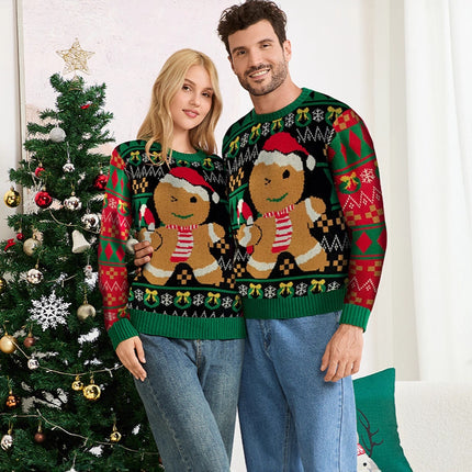 European and American Cross-Border Family Wear Cute Gingerbread Man Pullover Sweater for Women Autumn and Winter Long-Sleeved Green Loose Christmas Sweater